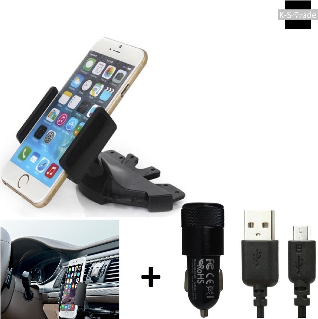 TOP SET K-S-Trade Autohalterung kompatibel mit Huawei P Smart+ 2019 CD Schlitz Halterung KFZ-Halter Radio Handy Halterung 360° drehbar DVD-Schacht