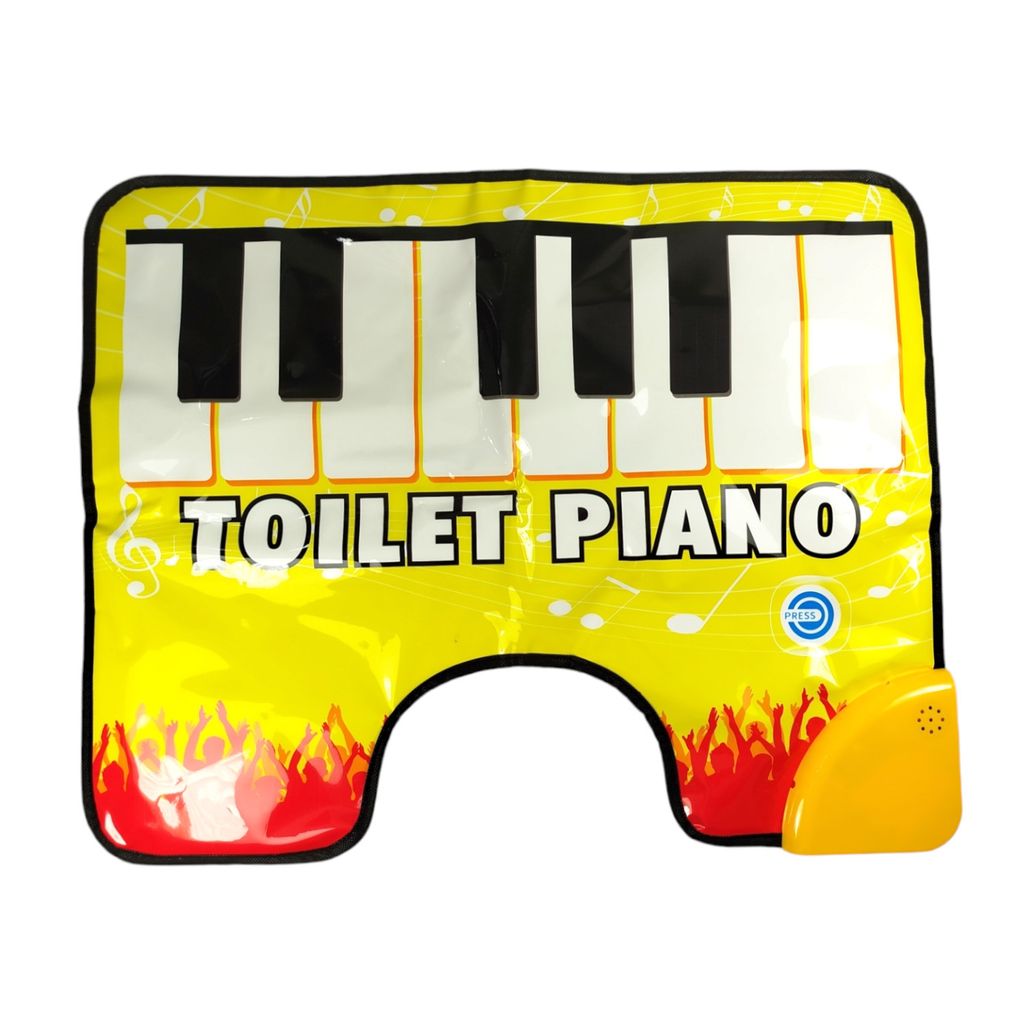 A yellow piano mat with black and white keys, designed to be placed around a toilet.