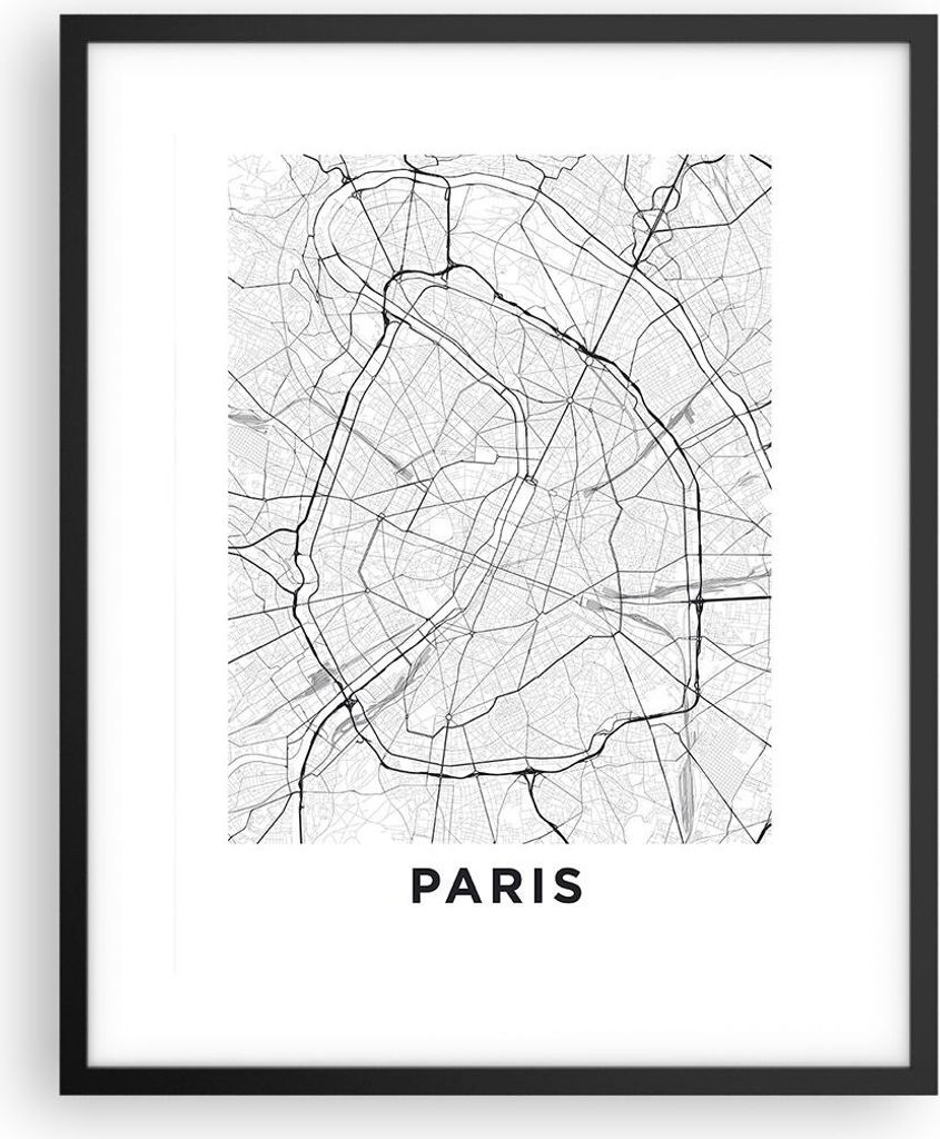 Gerahmtes Poster - Schwarzer Rahmen - Stadt Karte Paris - 40x50 cm - Wand Bild - Wanddeko - Wandbilder - Kunstposter - Wandposter - Bilderrahmen - ...