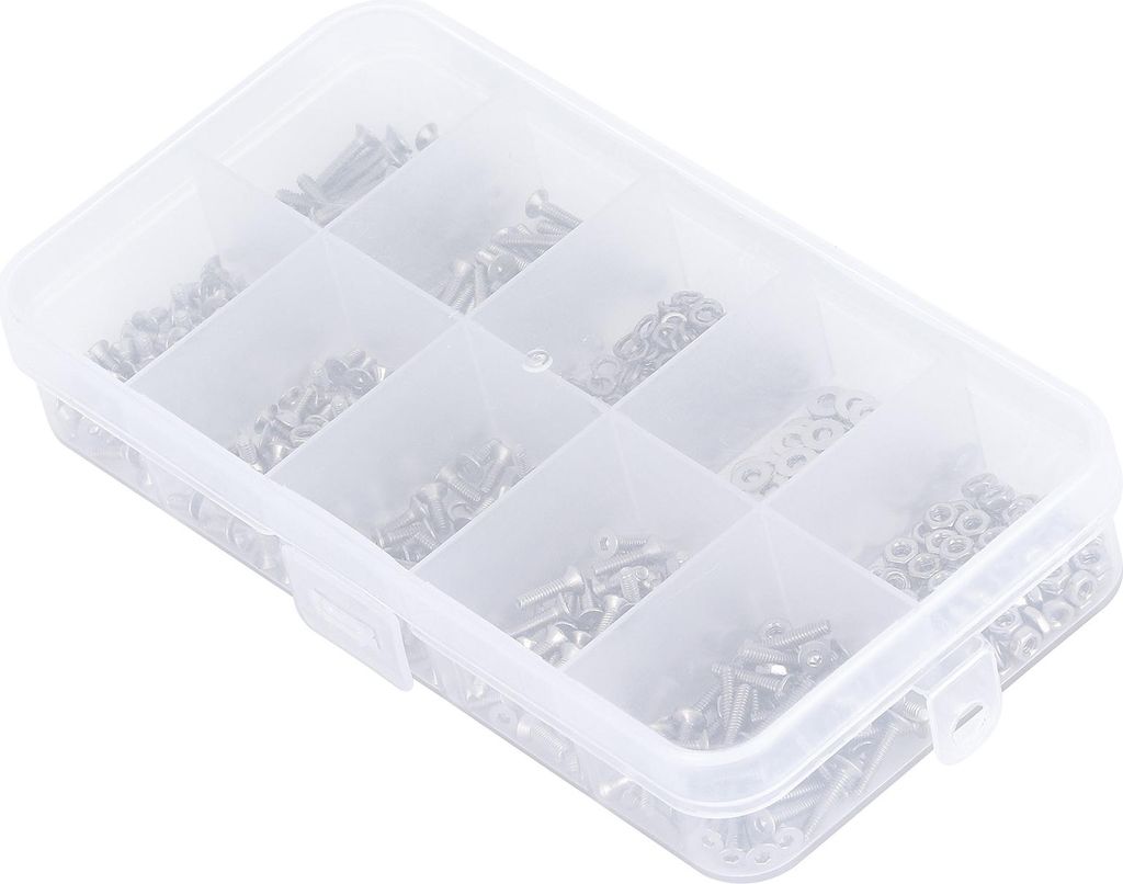 600-teiliges Sortiment an Edelstahl-Senkkopf-Innensechskantschrauben, Sechskantmuttern und Unterlegscheiben