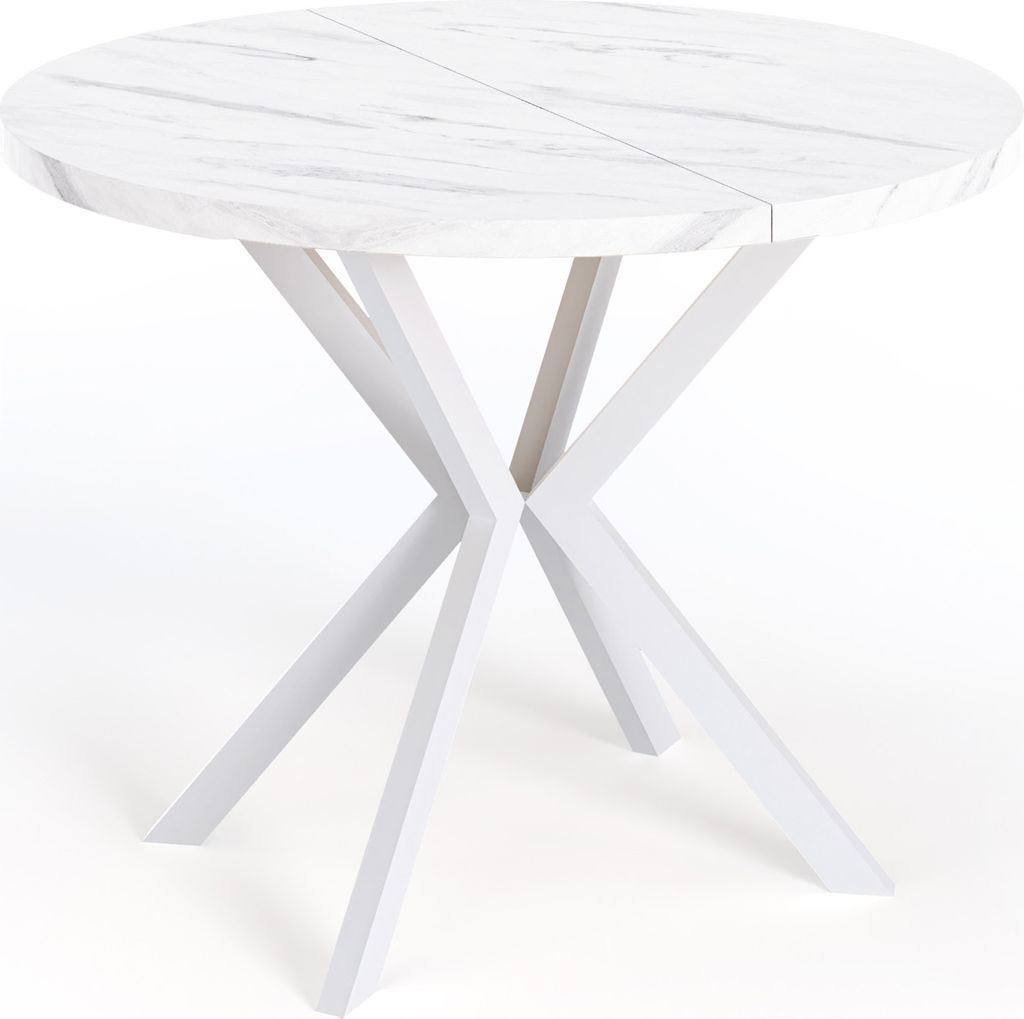 Runder Ausziehbarer Esstisch Weißer Marmoroptik für 6-10 Personen - Loft Style Tisch Weiße Metallbeine 90-120 cm - Industrieller Tisch Wohnzimme...