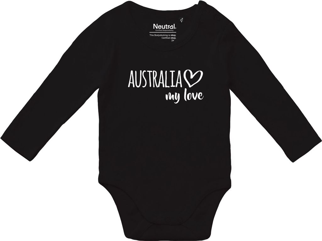 Huuraa Baby Body Australia my love 80 Black Baumwolle Fairtrade Langarmbody Geschenkidee