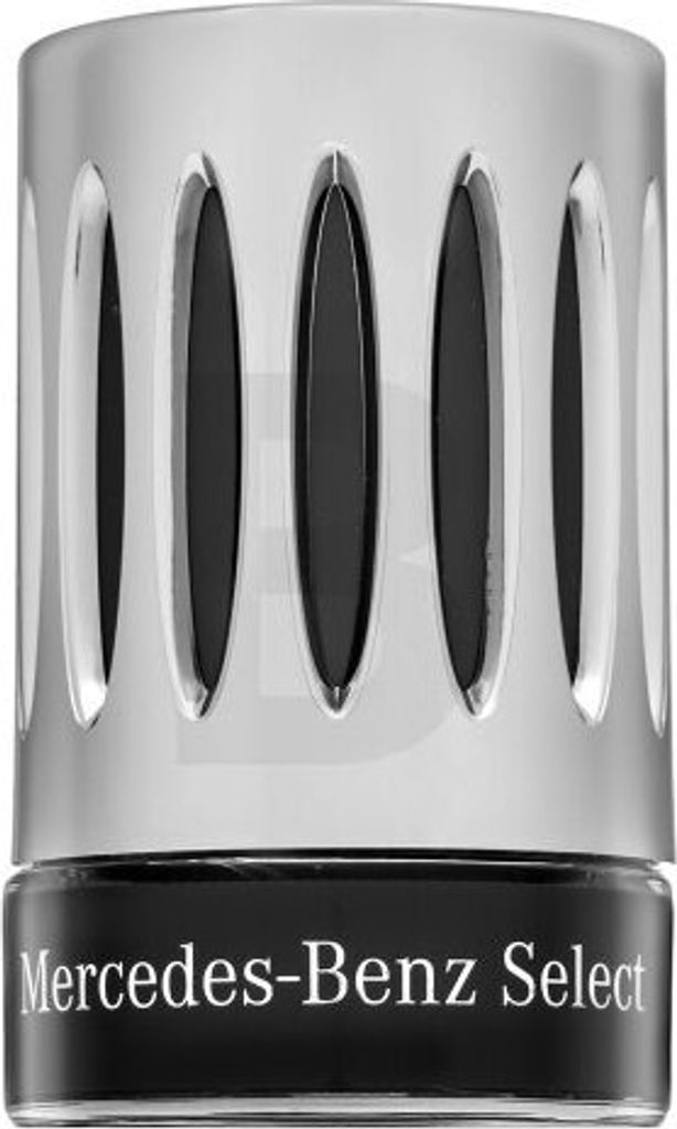 A close-up studio shot of a Mercedes-Benz Select fragrance bottle.