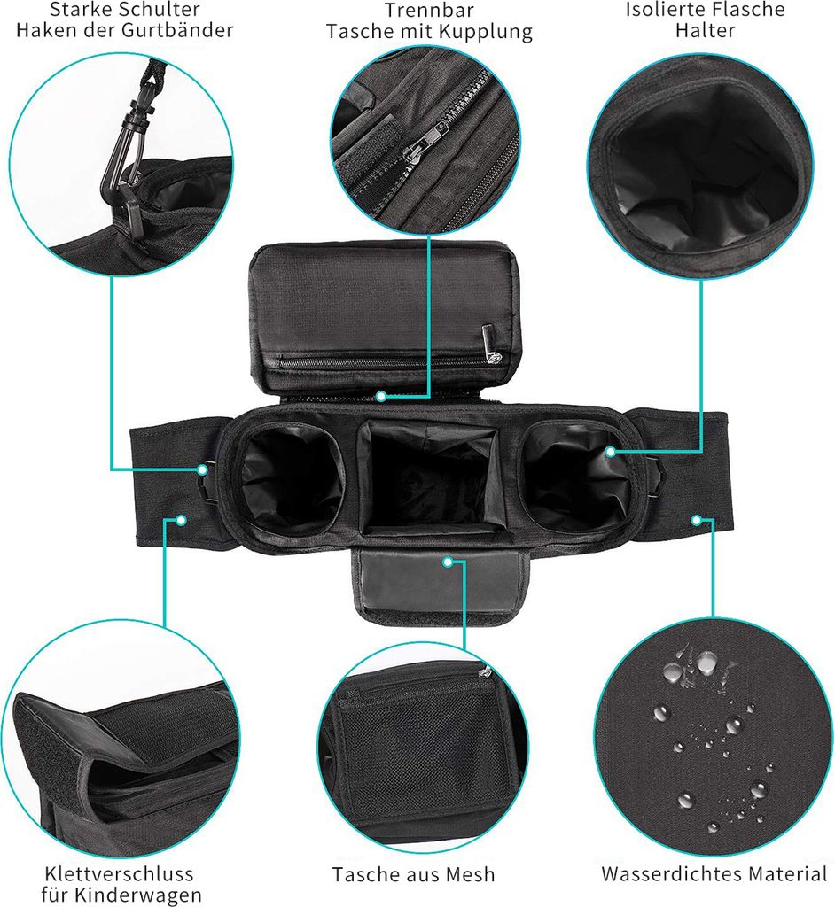 Kinderwagen-Organizer – Wasserdichte Aufbewahrungstasche, 33x20x12 Cm, Grau, Mit Verstellbarem Gurt