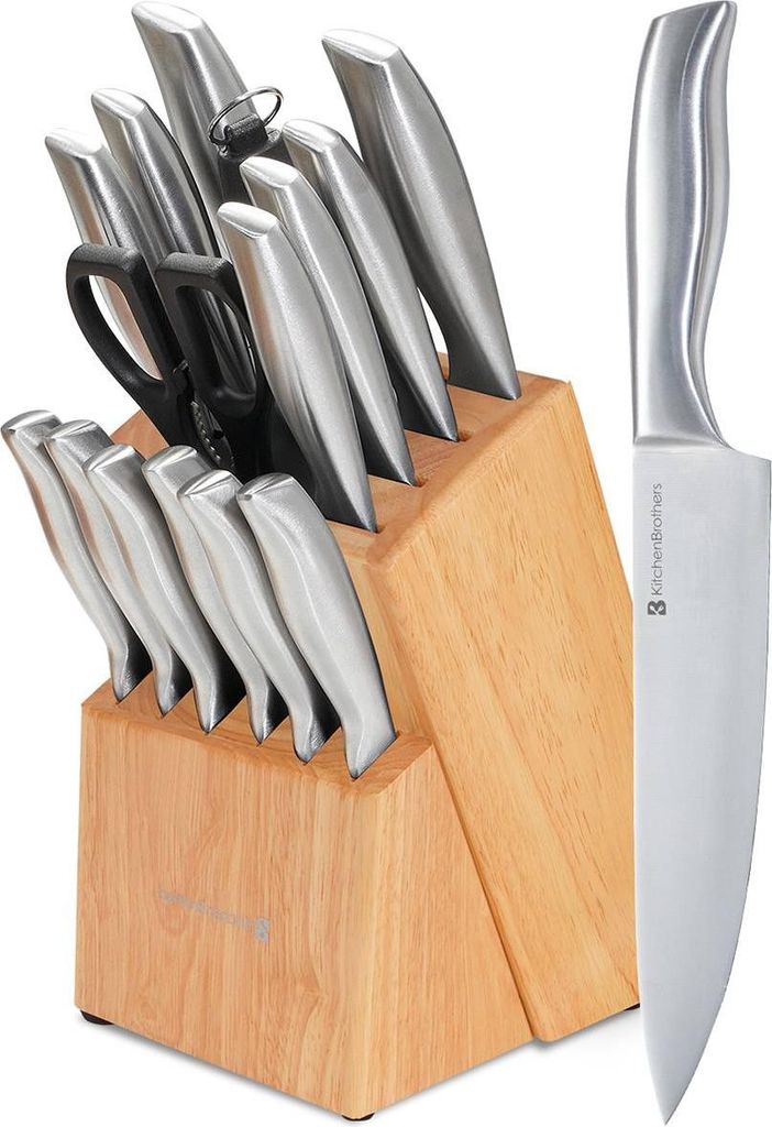 KitchenBrothers Messerset - Messerblock - 16-teilig - mit Schere und Wetzstahl - Hartholz