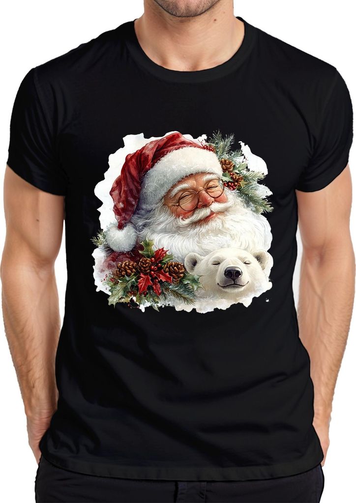Weihnachtsmann Eisbär Tannenzapfen Stechpalme Weihnachten Vintage Herren T-Shirt, Schwarz, L
