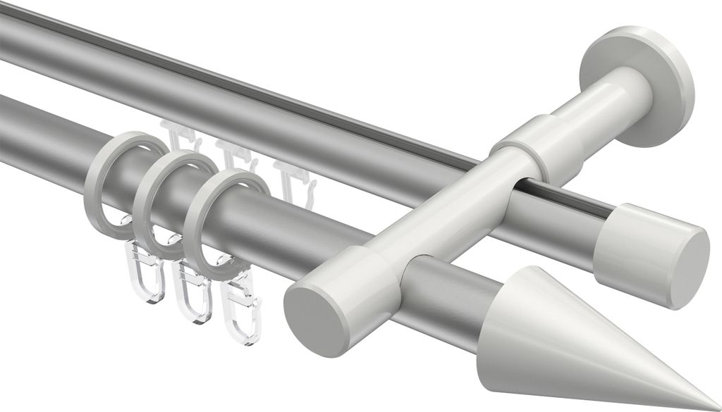 Interdeco Rundrohr-Innenlaufstange / Gardinenstange (Kombination) Silbergrau / Weiß, Typ Prestige Savio (Kegel), 20 mm Ø 2-läufig, 240 cm