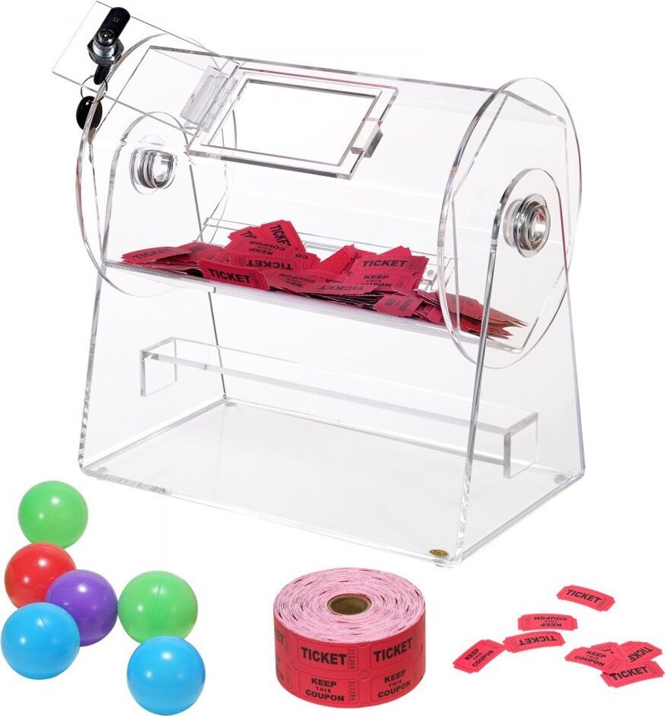 Lostrommel Glückskind - Professioneller Los-Drehkäfig - Transparente Lotterie-Drehscheibe - 2500 Lose oder 100 Tombola-Kugeln - Losbox für Lotte...