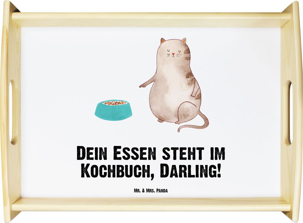 Mr. & Mrs. Panda Serviertablett Katze Fressen - Weiß - Geschenk, Tablett, Holztablett, Servier, Snack, Dekotablett
