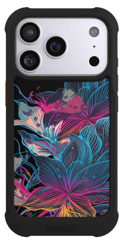 NIVOCASE Hülle für Apple iPhone 17 Pro Stoßfeste Handyhülle NIVOmax Case Schwarz Blumen Neon bunt