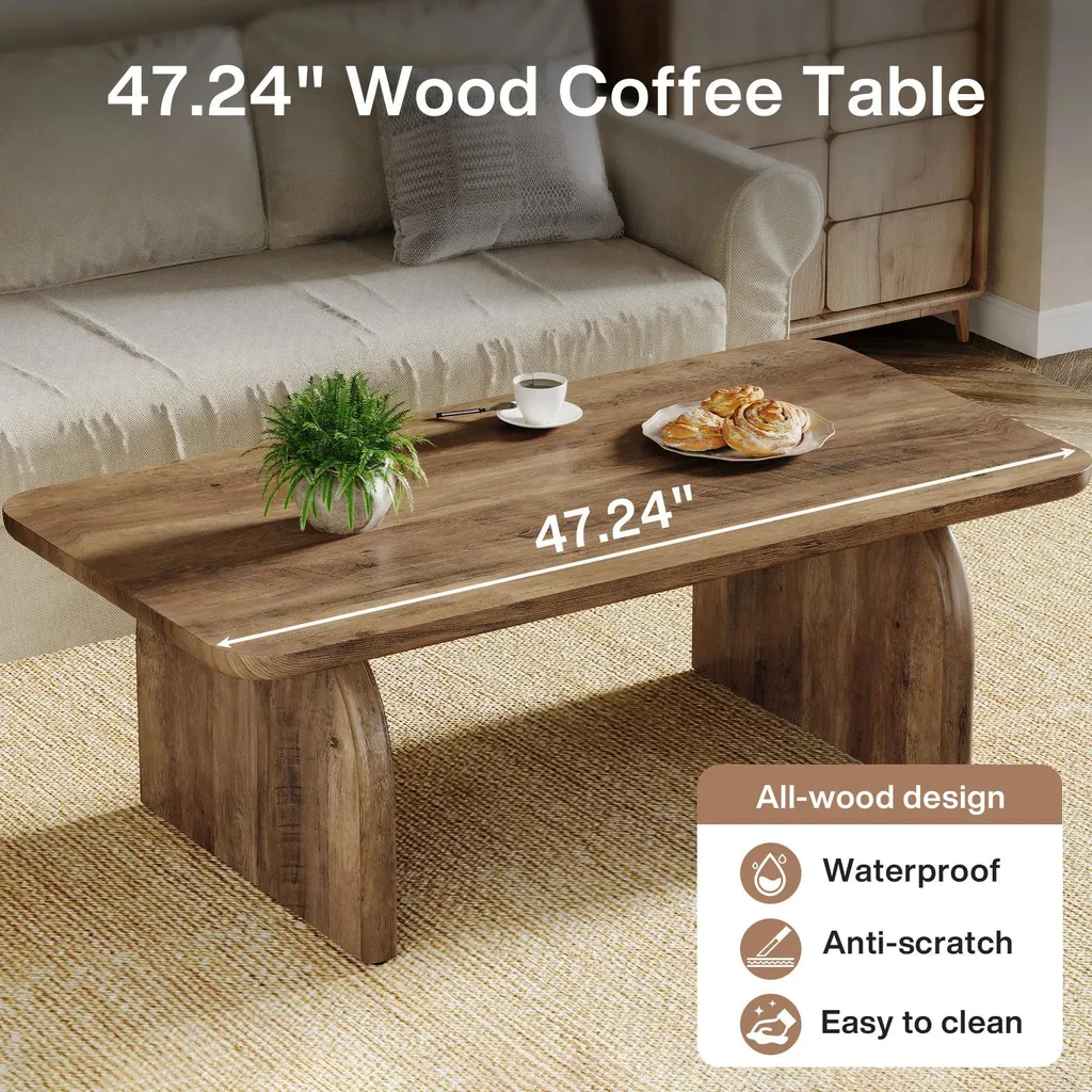 Table basse robuste en bois brun rustique 120 cm - Style campagne