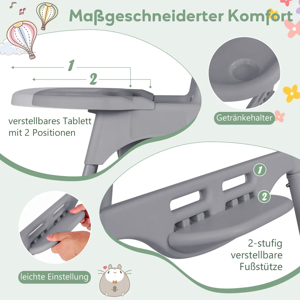 Chaise de repas bébé transformable en chaise de sol pour jouer en Gris
