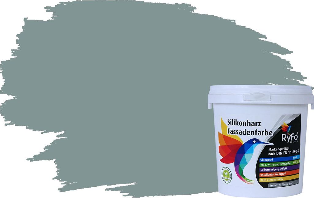 RyFo Colors Silikonharz Fassadenfarbe Lotuseffekt Trend Fjordgrau 1l - bunte Fassadenfarbe, weitere Grau Farbtöne und Größen erhältlich, Deckkr...
