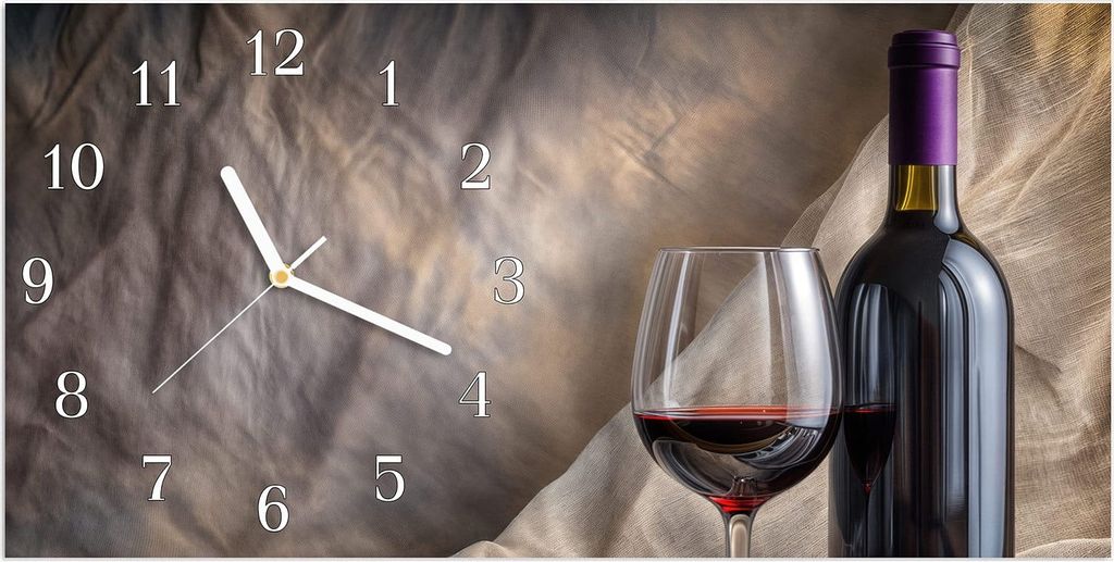 Wanduhr aus Glas mit Motiv Wein mit Glas- 60 x 30 cm - inkl. Aufhängesystem