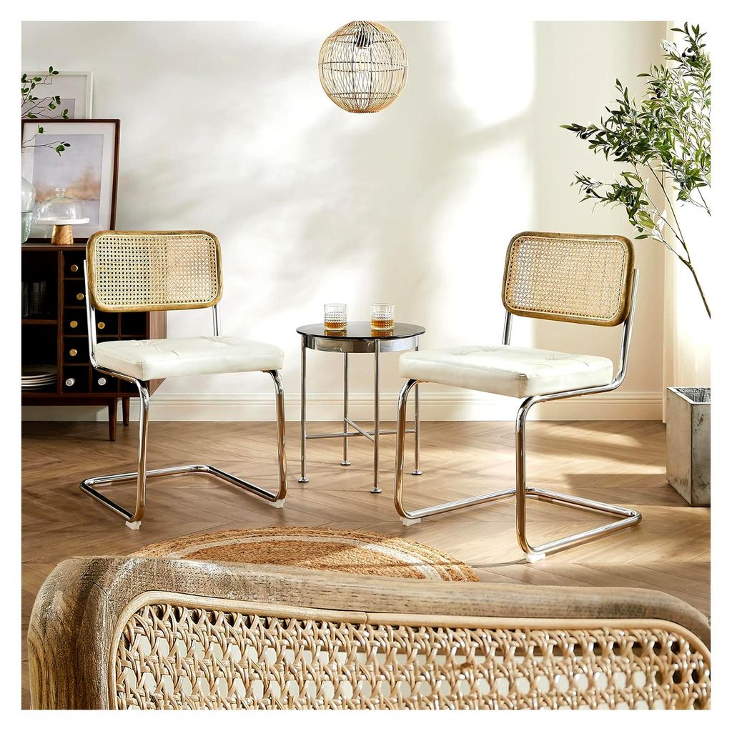 2er Set Schwingstühle Beige - Besucherstuhl mit Eichenholz, Freischwinger, Offwhite Kunstleder, Rattanstühle, Esszimmerstühle, Geflechtstuhl, Po...