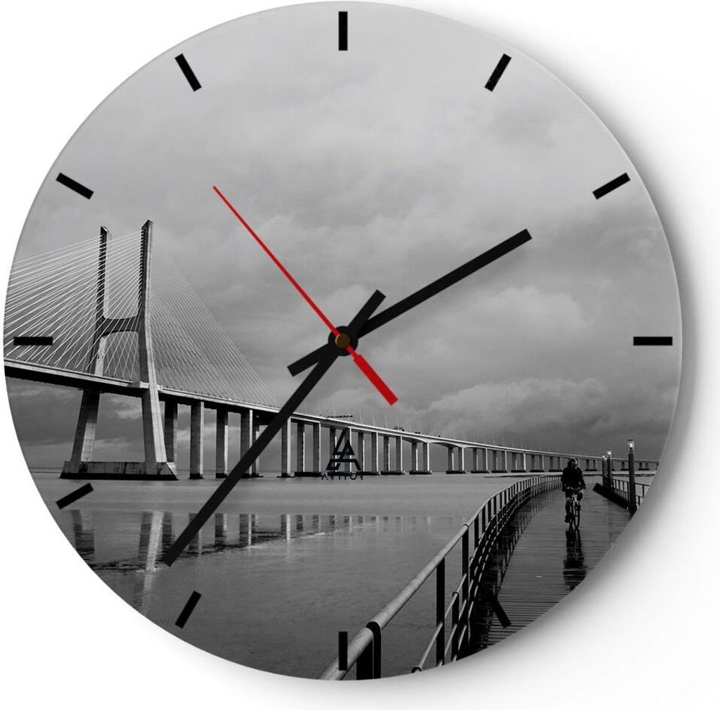 Wanduhr - Rund - Glasuhr - Architektur fahrrad lissabon tourismus - 30x30cm - Schleichendes Uhrwerk - Lautlos - zum Aufhängen bereit - Dekoration ...