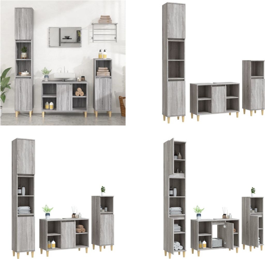 vidaXL 3 tlg. Badmöbel Set Grau Sonoma Holzwerkstoff - Badmöbel Set - Badmöbel Sets - Badezimmerschrank - Badezimmermöbel