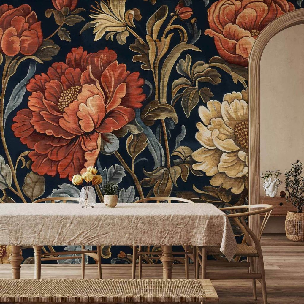 Vlies Fototapete - Tapestry Large Flowers Retro Floral Motif in Kilim Style 150x105 cm Blumen b-H-10014-a-a