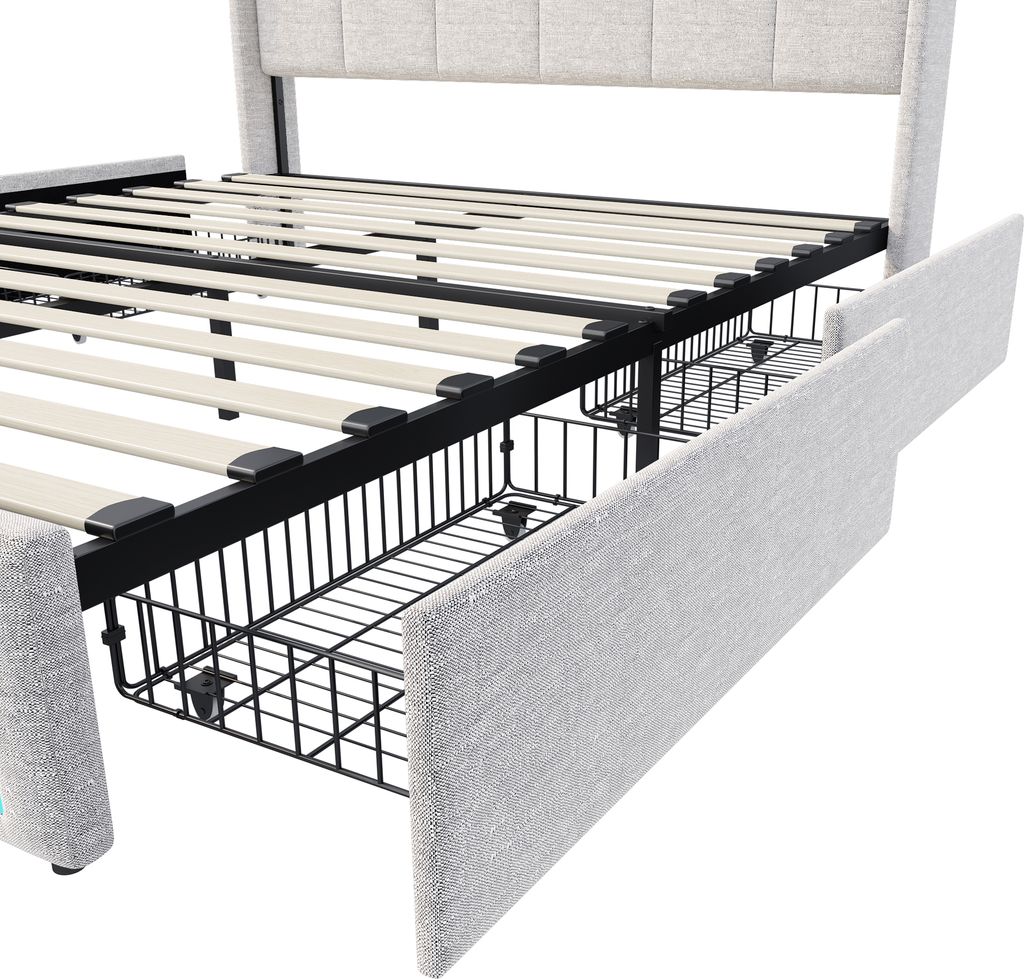 CDGlobal Polsterbett 140x200, LED Doppelbett mit USB Typ C Ladefunktion und 4 Schubladen, Bett Jugendbett Stauraumbett Funktionsbett Rückenlehne B...