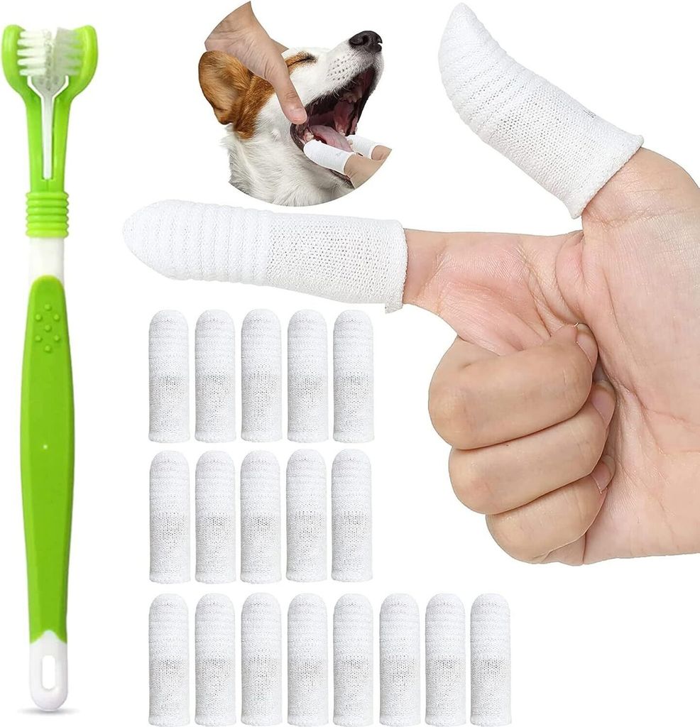 18 Stück Hundezahnbürste Fingerling, 1 Stück Dreifachkopf-Hundezahnbürsten, Wiederverwendbar Pet Finger Zahnbürste, Fingerlinge Hunde Zahnpfle...