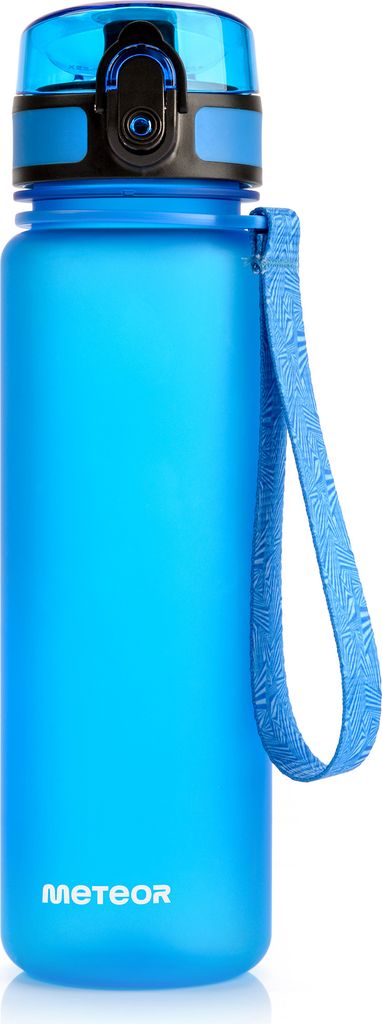 A blue water bottle with a strap and a black and blue cap.