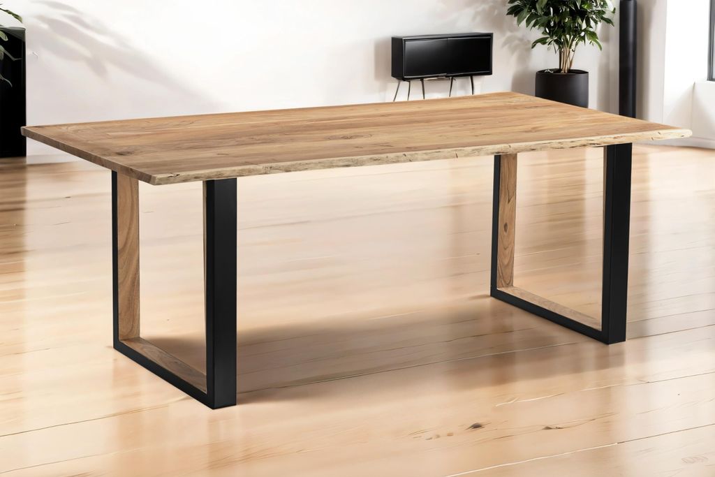 Baumkantentisch 240 x 100 cm Brisbane, Akazienholz massiv + naturfarben, Esstisch mit schwarzem U-Gestell aus Metall + Holz-Inlet Innen, echte Baum...