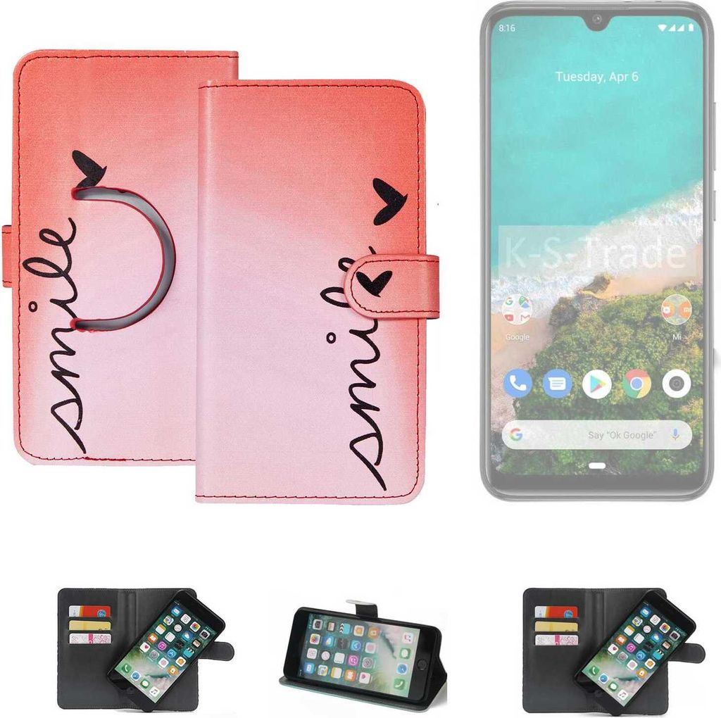 K-S-Trade Schutzhülle Handyhülle kompatibel mit Xiaomi Mi A3 Hülle cover bookstyle Etui ''smile'' rot Standfunktion Kameraschutz (1Stk)