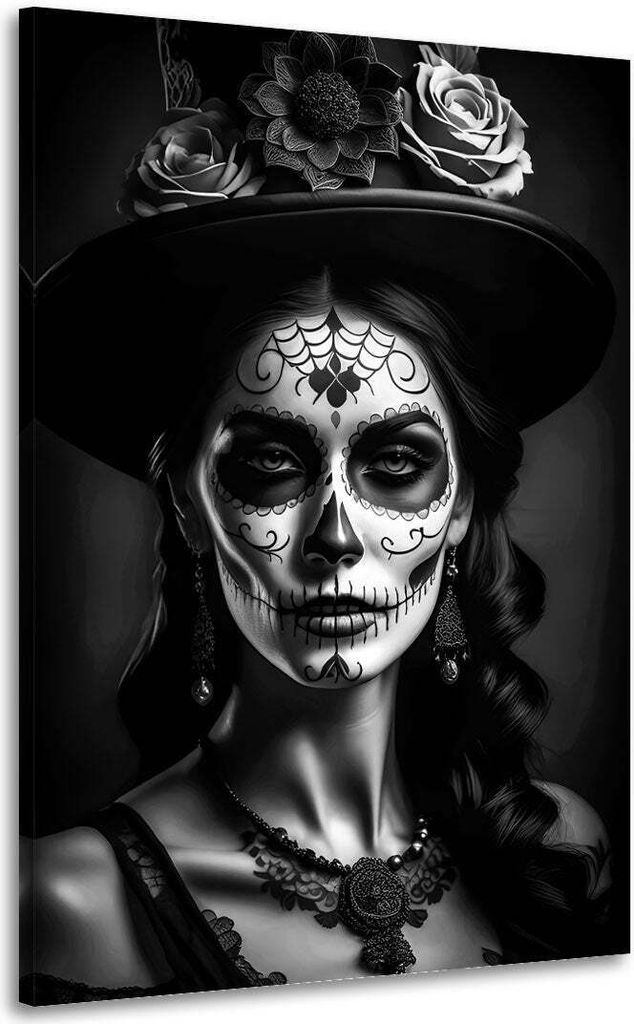 La Catrina im Spitzenkleid schwarz weiß Wandbild Leinwandbild Kunstdruck XL: 60x90x2cm