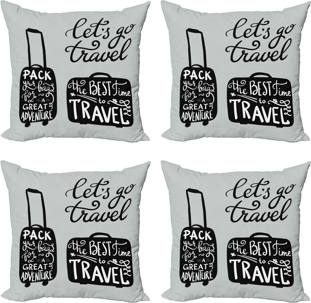 ABAKUHAUS Abenteuer Kissenbezug Set (4 Stück), Packen Sie die Taschen Reisen, Moderner Doppelseitiger Digitaldruck, 60 cm x 60 cm, Schwarz-Weiss
