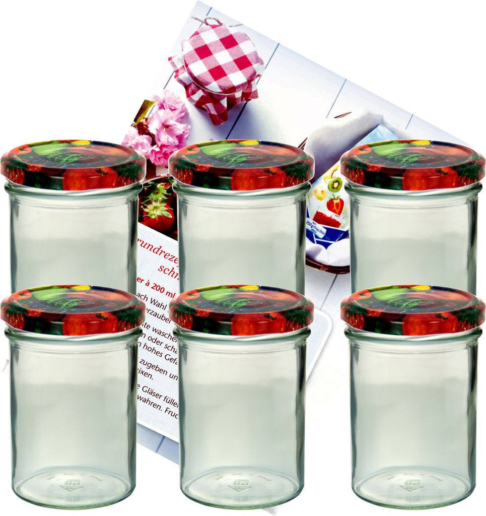 6er Set Sturzglas 435 ml Marmeladenglas Einmachglas Einweckglas To 82 Obst Deckel incl. Diamant-Zucker Gelierzauber Rezeptheft