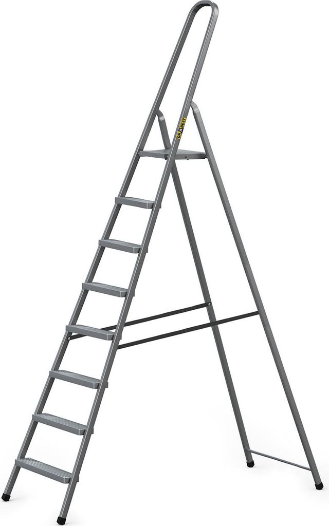 A gray metal stepladder against a white background.