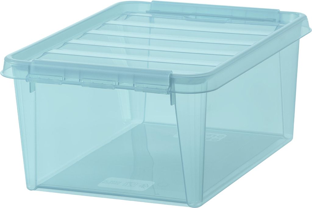 A clear studio shot of a translucent aquamarine storage box with a lid.