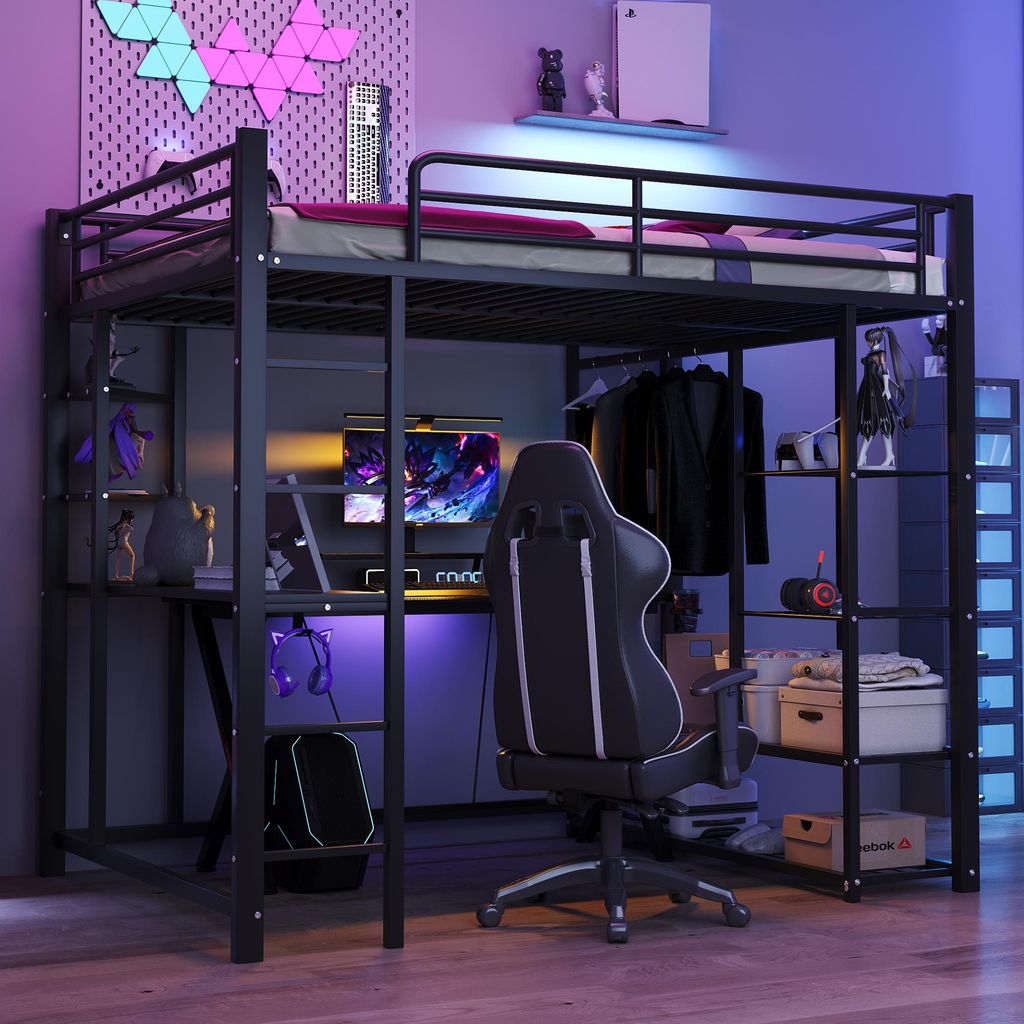 Sweiko Metall-Hochbett mit Leiter 140x200 cm, Juniorbett Doppelbett mit Tisch mit einfachen Kleiderbügeln mit Ablagefächern, Schwarz