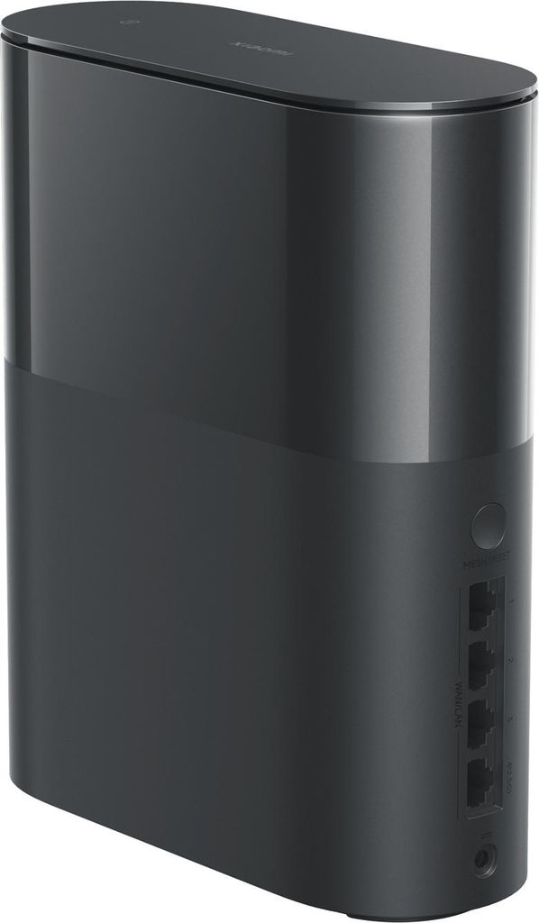 A black and gray mesh system router shown from a three-quarter side view on a white background.