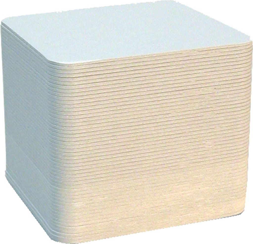A stack of square, white coasters with rounded edges.