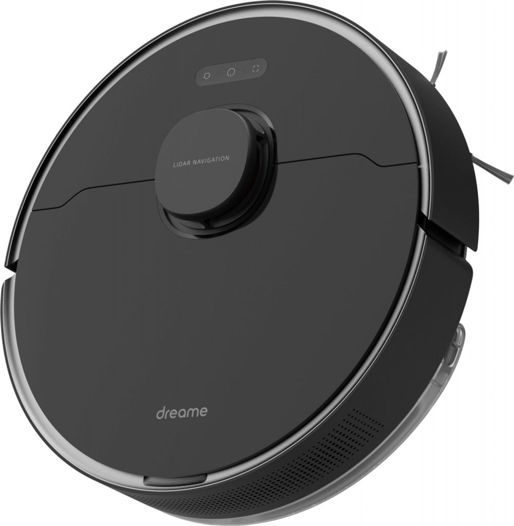 A close-up, angled view of a black robot vacuum cleaner.
