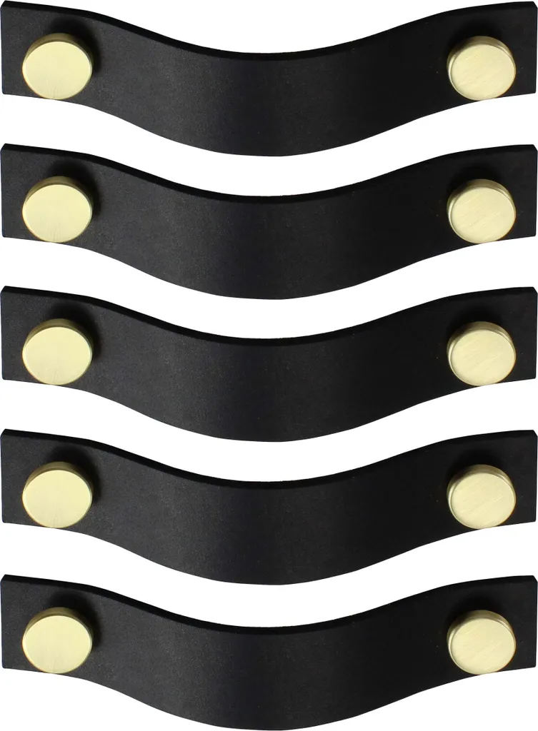 Maniglie Mobili RIEMEN Pelle Nera Oro Spazzolato Set 5 Pezzi