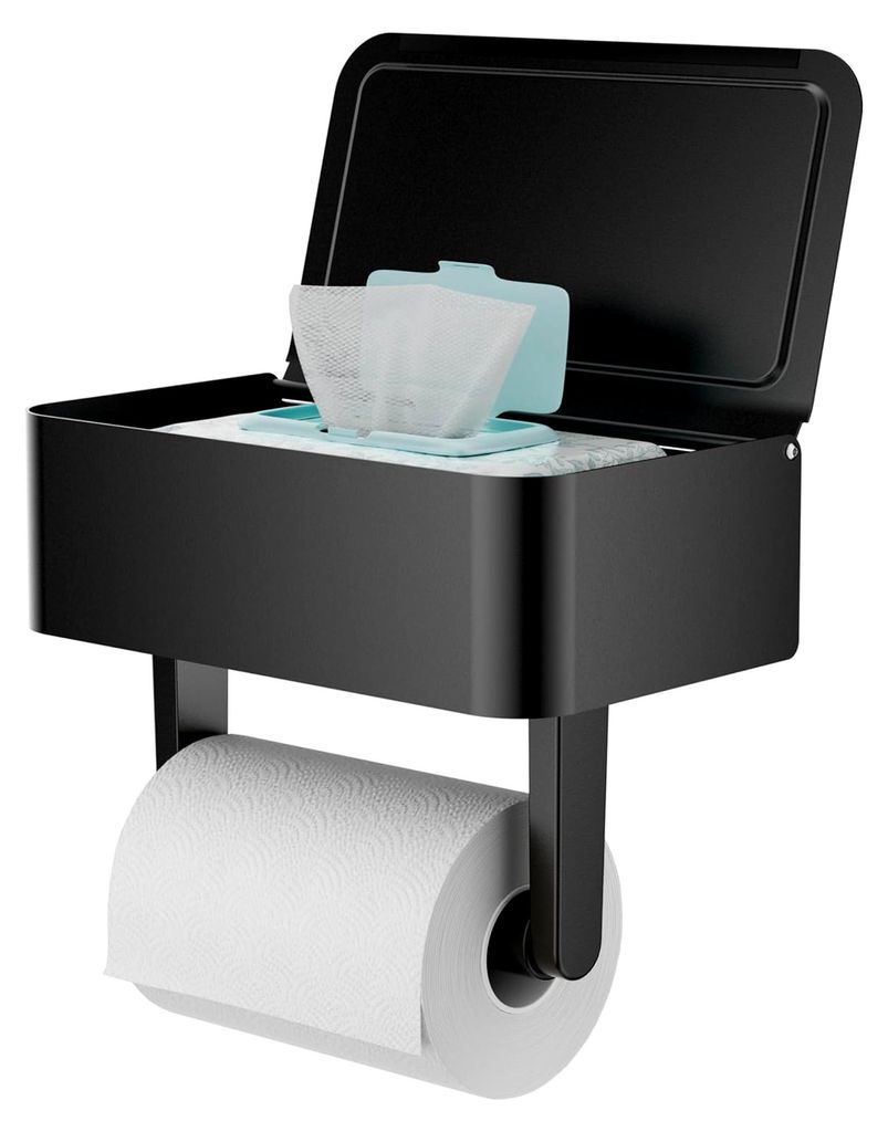 Toilettenpapierhalter mit Ablage – Spülbarer Feuchttücherspender und Aufbewahrung für jedes Badezimmer – (Mattschwarz, Normale Rolle)