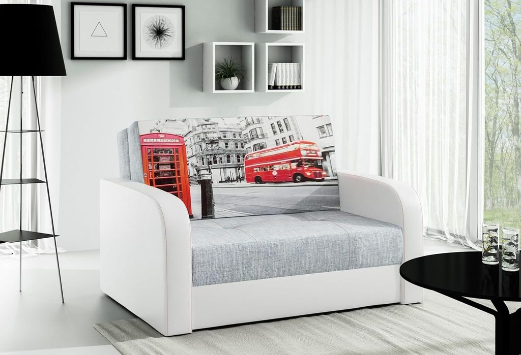 LIKMA Ausziehbar 2 Sitzer Sofa Togo FOTO Grau + Weiss Kunstleder 135x90x100 cm Schlaffunktion Bettzeugbehälter