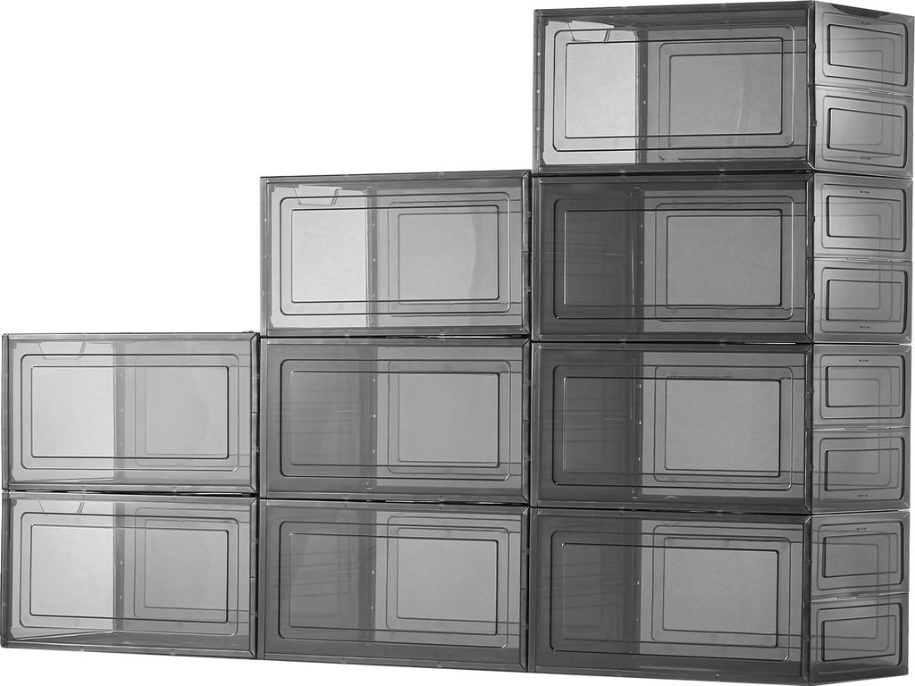A stack of transparent gray shoe storage boxes arranged in a staircase pattern against a white background.