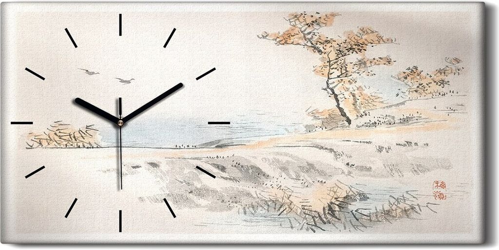 Wandbild Leinwand Bilder mit Uhr 60x30 Malerei Asiatische See Bäume Vogel Weg - schwarze Hände