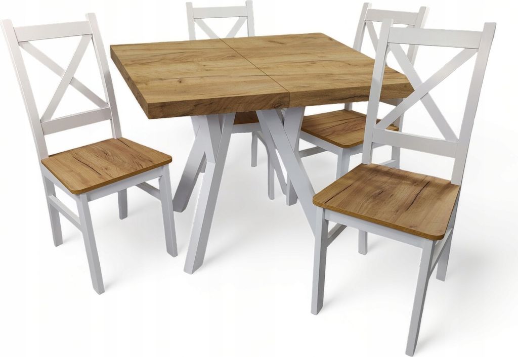 Tisch + 4 Stühle Weiß + Eiche Craft Quadrat 100x100 erweiterbar auf 200 cm