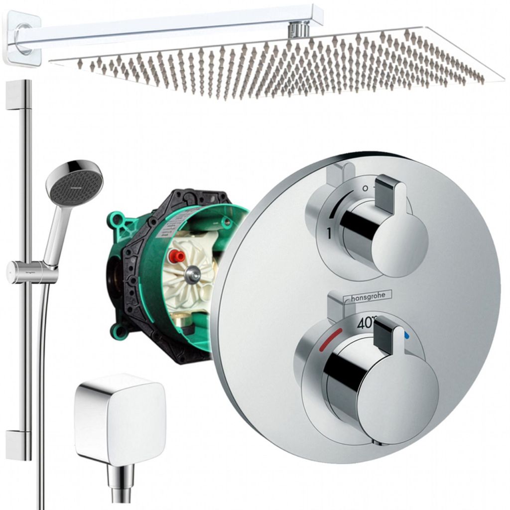 Hansgrohe und Jowi Unterputz Duschsystem Ecostat S Thermostat, Unterputz Duscharmatur mit 360mm Kopfbrause, 650mm Brausestange