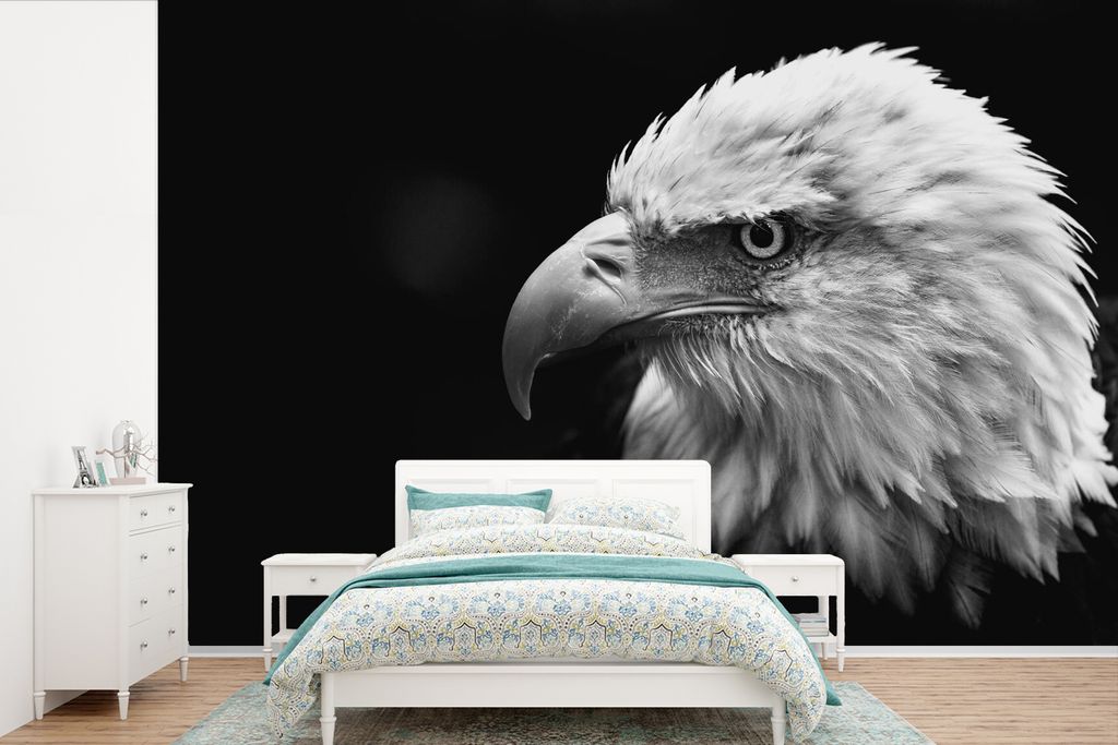 MuchoWow Fototapete für Wohnzimmer oder Schlafzimmer Wandtapete Vinyl Motivtapete Eagle - Makro - Schwarz - 360x240 cm - Vinyl-Tapete