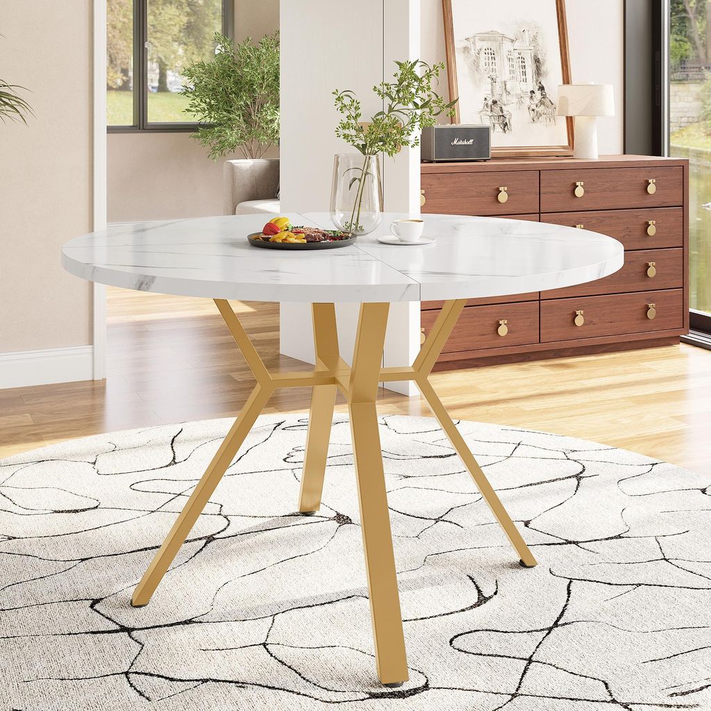 OKWISH Table À Manger - Ronde Avec Pieds Métal Or, Plateau Image du produit 