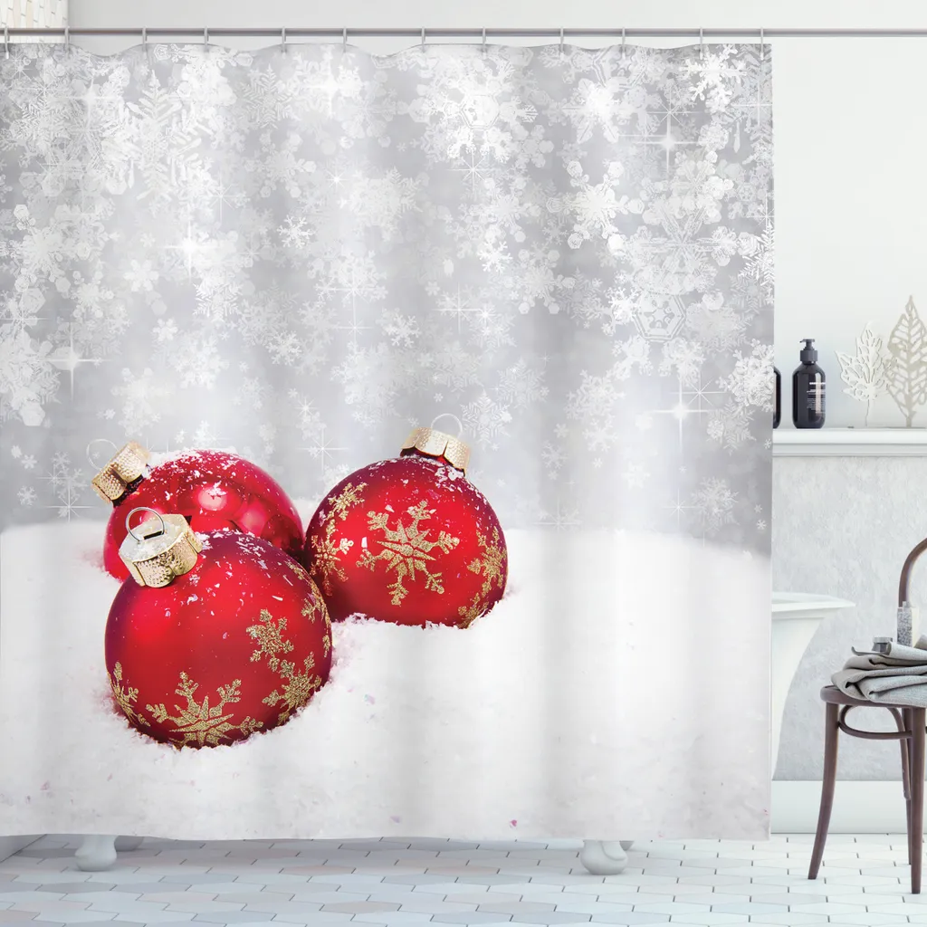 ABAKUHAUS Tenda da doccia natalizia, palline su fiocchi di neve, opaca all'acqua, incl. 12 anelli, resistente a batteri e muffe, 175 x 240 cm, bianco rosso