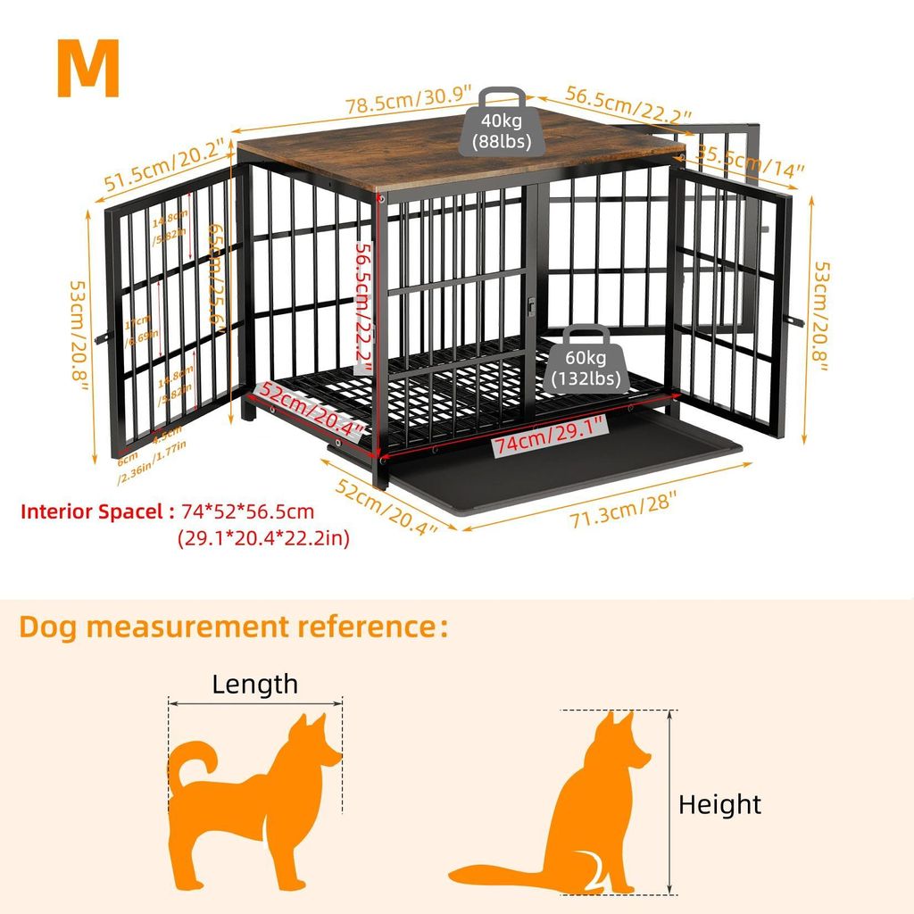 Hundebox Möbel - Indoor Hundekäfig Tisch - 3 Türen - Herausziehbare Bodenwanne - Metallgitter - Schwarz Größe M