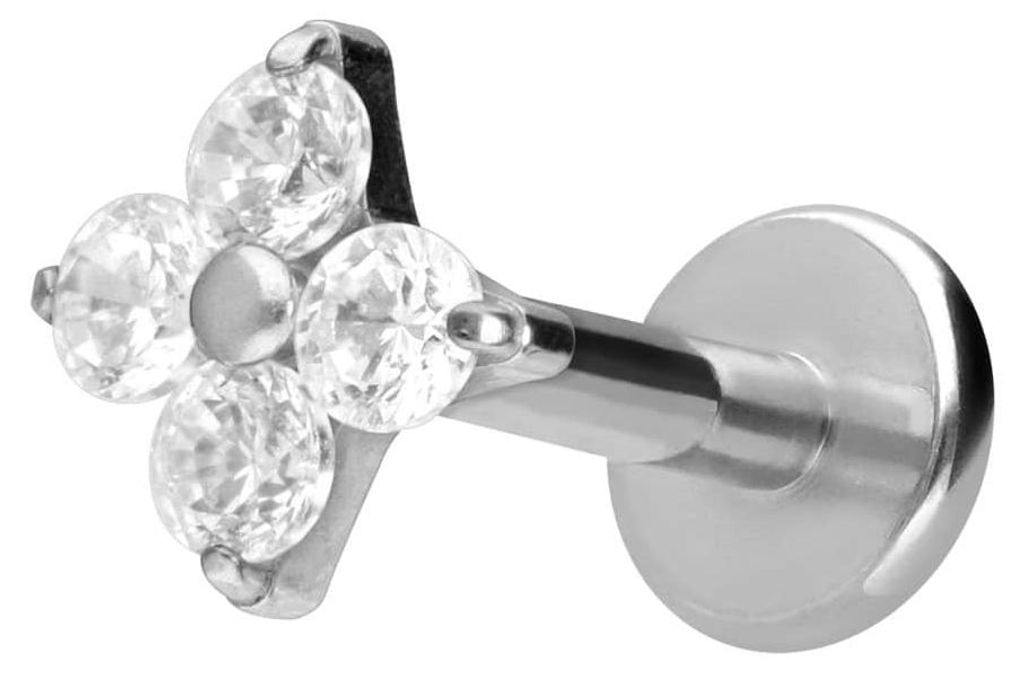 Ohrpiercing, Nasenpiercing Titan Labret mit Innengewinde KRISTALLBLUME Silber Stablänge: 7mm | Stabstärke: 1,2mm