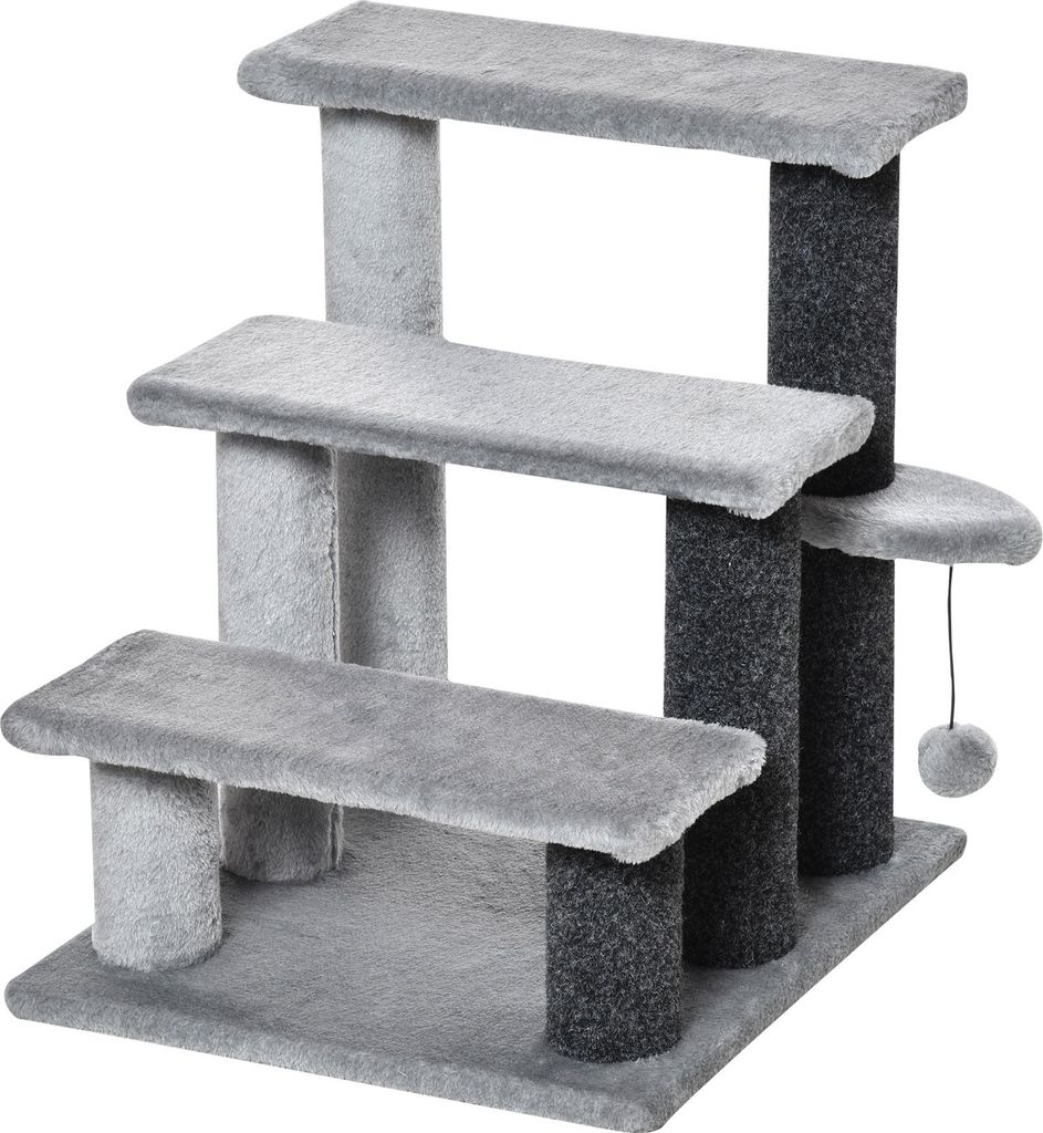 Fortuna Lai Katzentreppe Haustiertreppe Hundetreppe 3 Stufen mit Spielball Plüsch Grau 45x40x48cm für Katzen und Hunde