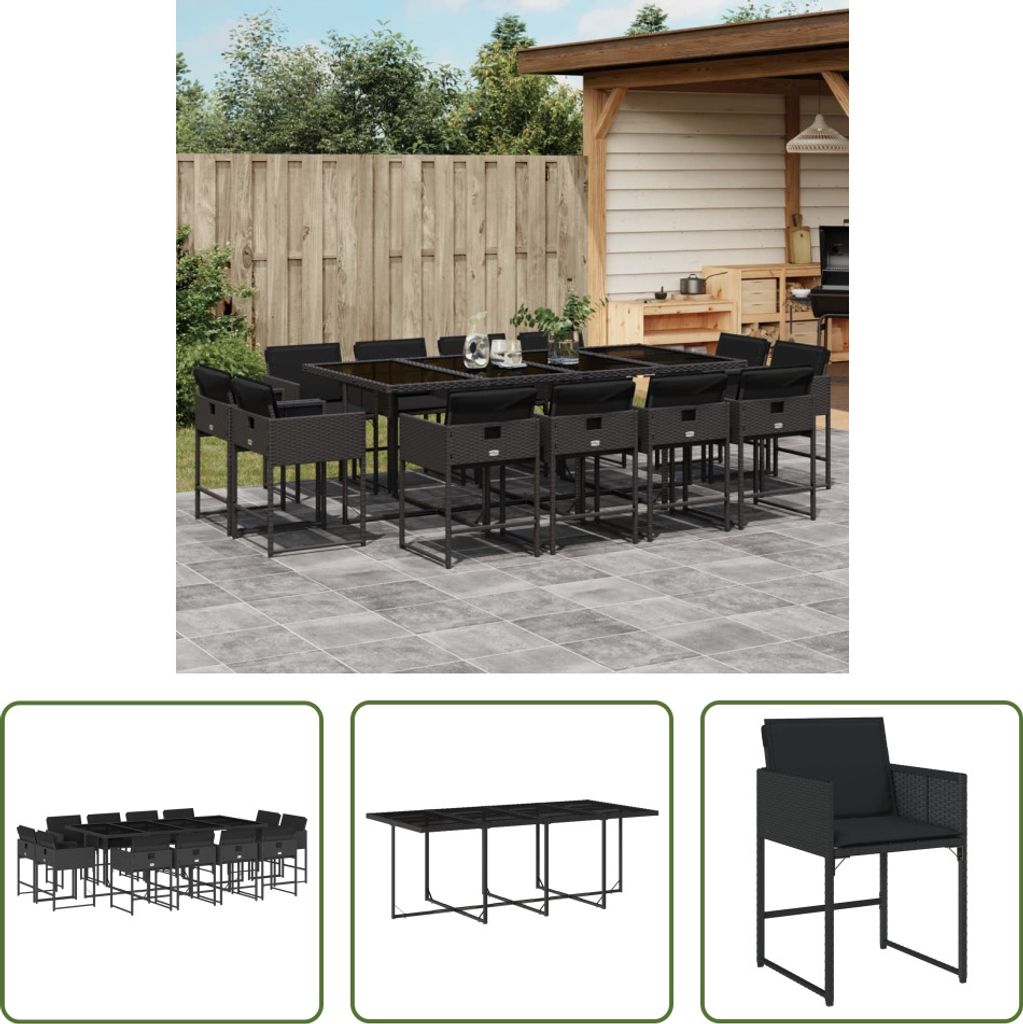 The Living Store 13-tlg. Garten-Essgruppe mit Kissen Schwarz Poly Rattan